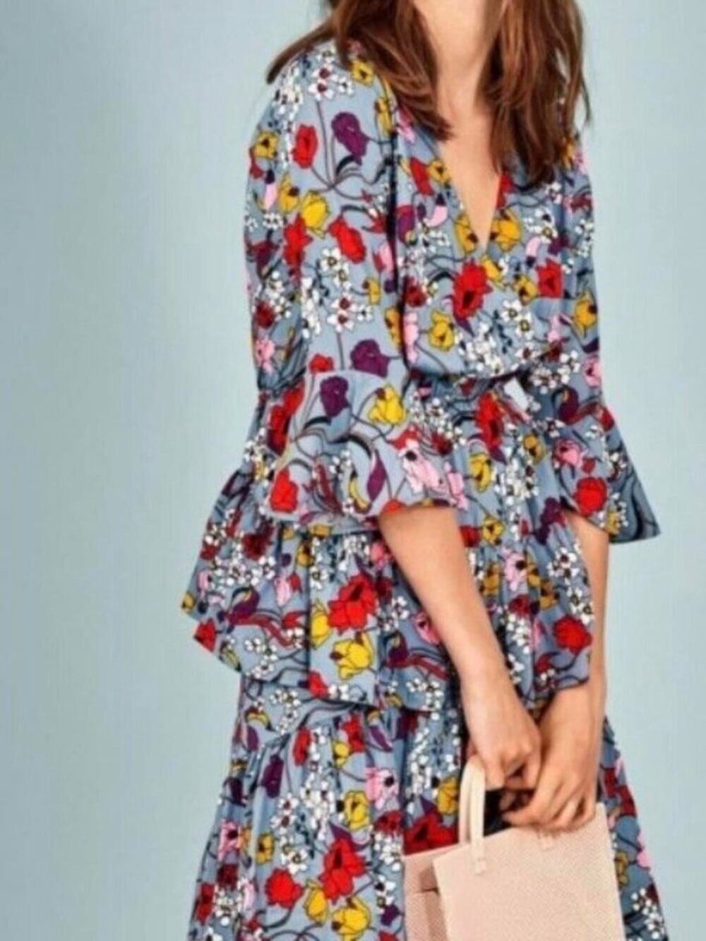 Y.A.S Wildflower Floral Tiered Midi Dress Light Blue Boho V-Neck Ruffle Small